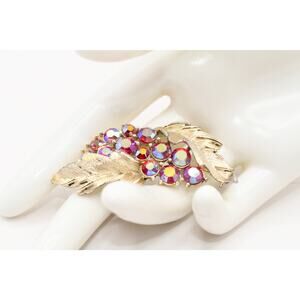 Vintage Lisner AB Red Rhinestone Gold Tone Leaf Brooch Signed